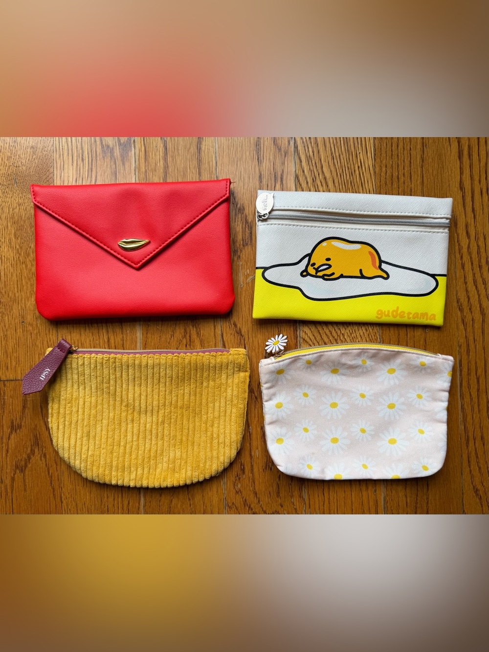 IPSY Makeup Bag Lot of 4 Gudetama Corduroy Daisy Red Envelope Pouches